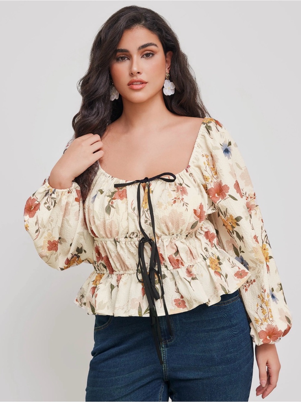 Cider Cream Curve Floral Tie-Front Peasant Blouse